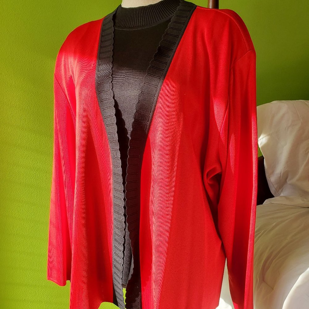 Misook 1x red trimmed in black business casual open front jacket w/black 1x shel